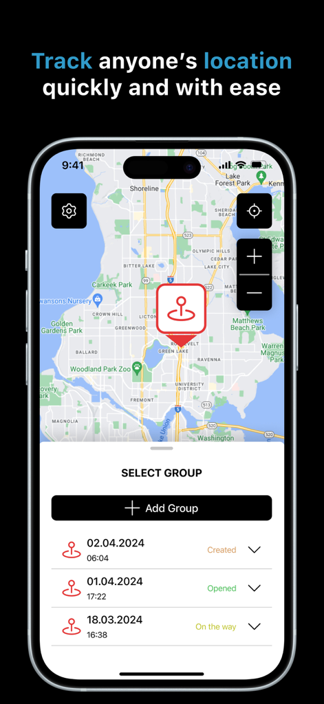 Mobile app interface showing a map with a location pin and a list of group tracking activities.
