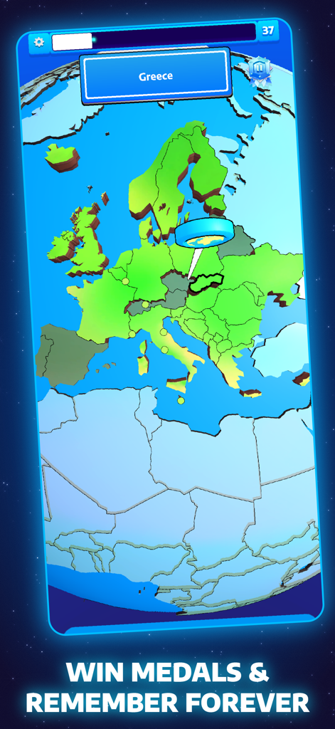 JordGlobe World Geography Game - A 3D map of Europe in the JordGlobe World Geography Game app showing a quiz round with the word Greece.