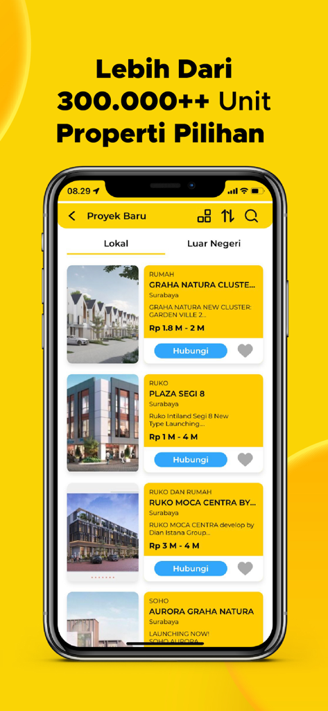 Brighton Real Estate - Mobile app interface of Brighton Real Estate showing a variety of property listings in Indonesia with a yellow theme