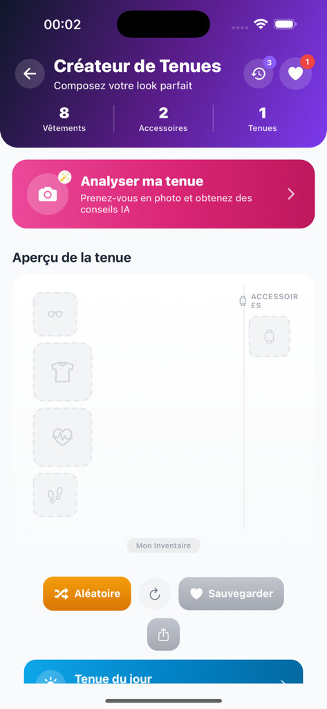 My Inventory AI - Interface of the AI outfit creator and virtual closet feature within the My Inventory app.