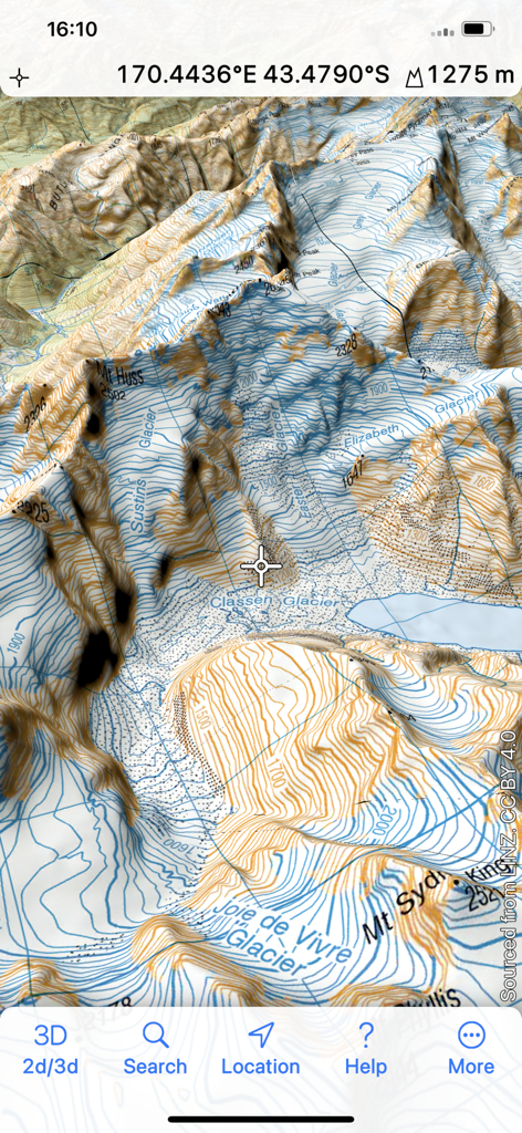 3D Map New Zealand - Un mapa topográfico 3D que muestra picos de montañas y glaciares en Nueva Zelanda