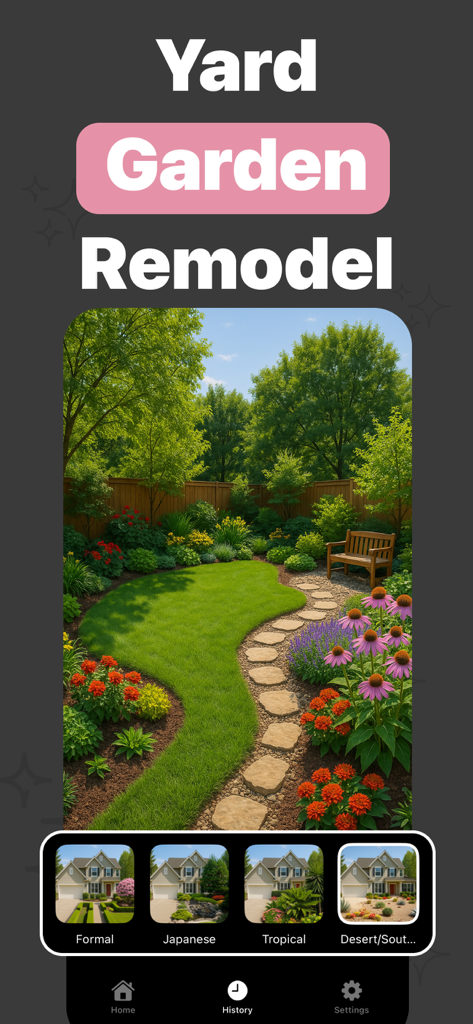 AI Home Design Decorist app showing a yard and garden remodel with a stone path and lush landscaping styles