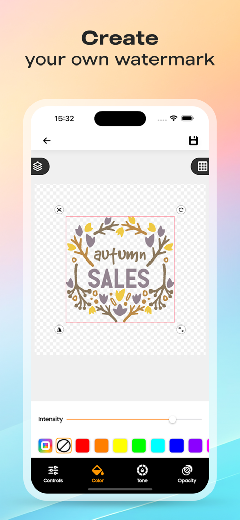 調整可能な色と不透明度でパーソナライズされた透かしを作成するためのアプリインターフェイス