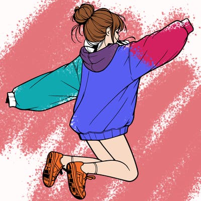 realistic girl jumping with a bun and oversized sweatshirt