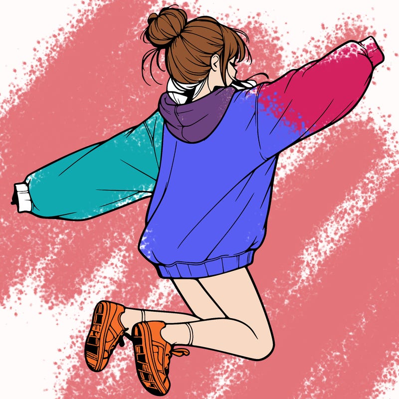 realistic girl jumping with a bun and oversized sweatshirt
