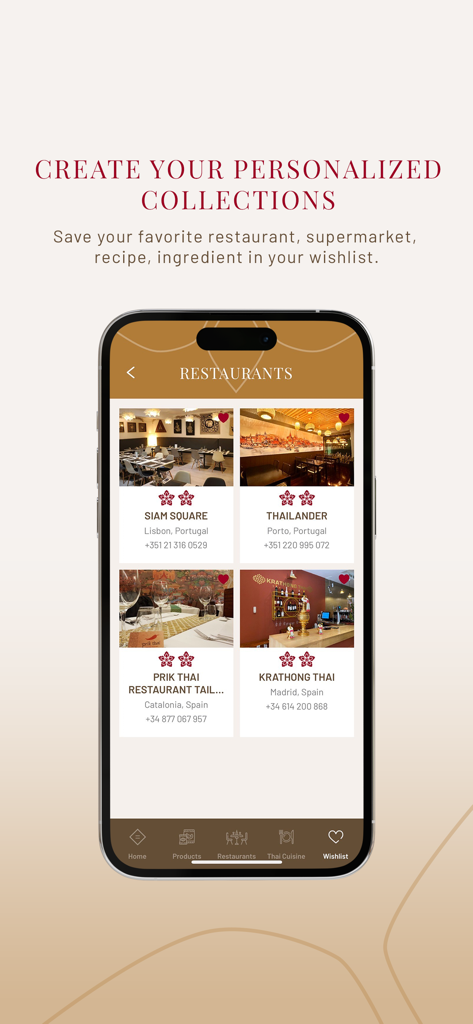 タイSELECTアプリ画面。パーソナライズされたコレクションを作成し、お気に入りのタイレストランを保存します。