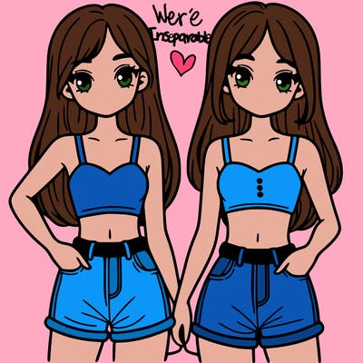 two sisters with crop tops and jean shorts and straight hair