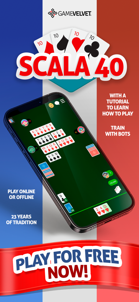 Interfaccia del gioco di carte italiano Scala 40 su un telefono mobile con un tavolo verde e combinazioni di carte