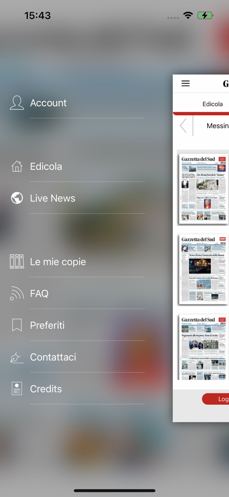 Sidebar menu of the Gazzetta del Sud Digital app showing news categories in Italian