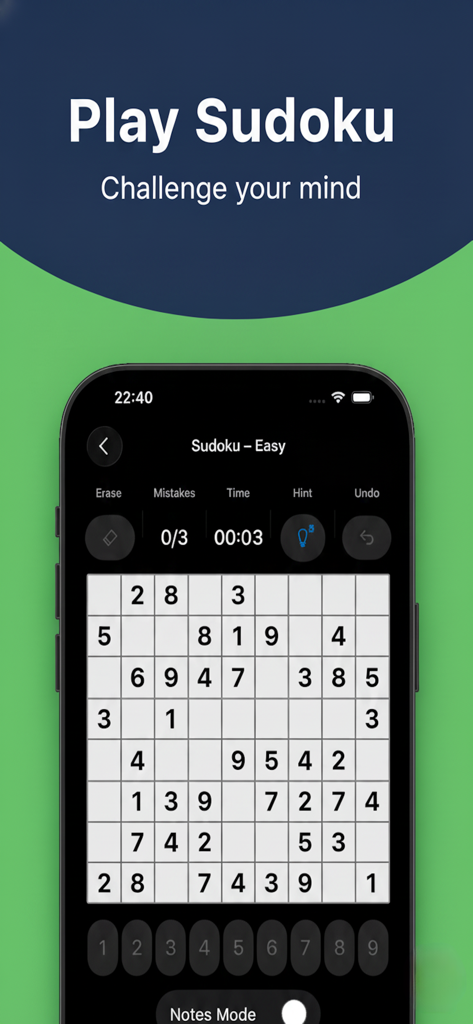 Sudoku #No ads - A minimalist Sudoku game interface in dark mode showing an easy level puzzle on a smartphone screen.