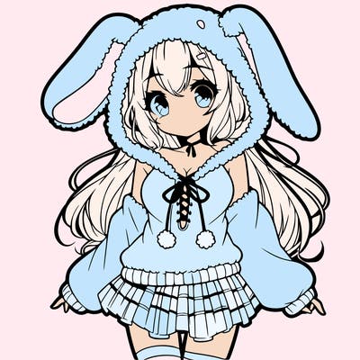pretty anime girl wearing a fluffy hoodie with bunny ears on the hood and a skirt