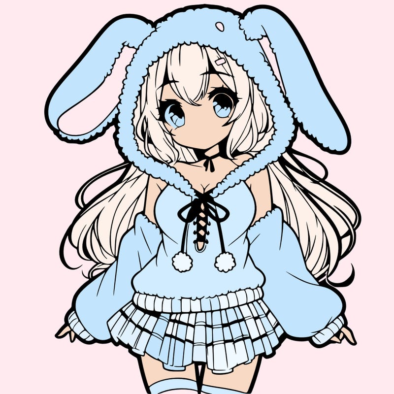 pretty anime girl wearing a fluffy hoodie with bunny ears on the hood and a skirt