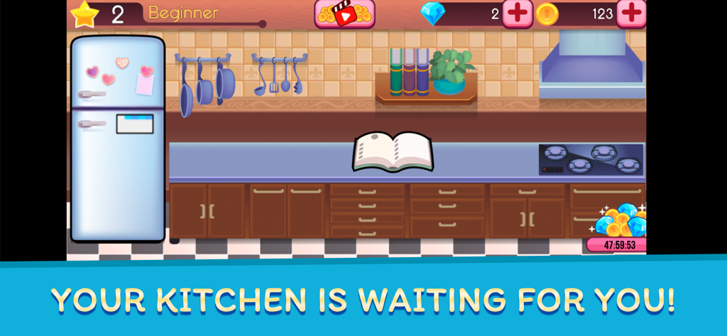Cookbook Master: Chef Recipes - A cartoon kitchen with a recipe book and cooking equipment in the Cookbook Master game.