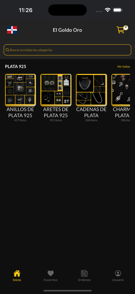 El Goldo Oro - El Goldo Oro app home screen showing categories for silver rings earrings and chains