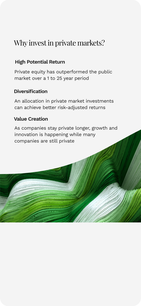 A screen explaining the benefits of private market investing such as high potential return and diversification on the EquityZen app