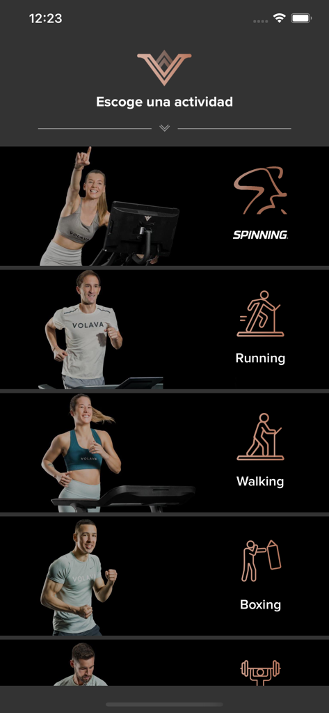 Volava by Spinning app screen showing a list of workout categories like spinning running walking and boxing