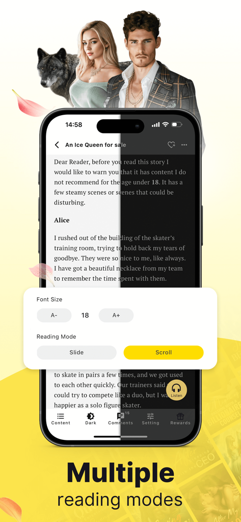 AnyStories app interface showing customizable reading settings including font size selection, scrolling modes, and a dark mode toggle for comfortable reading.