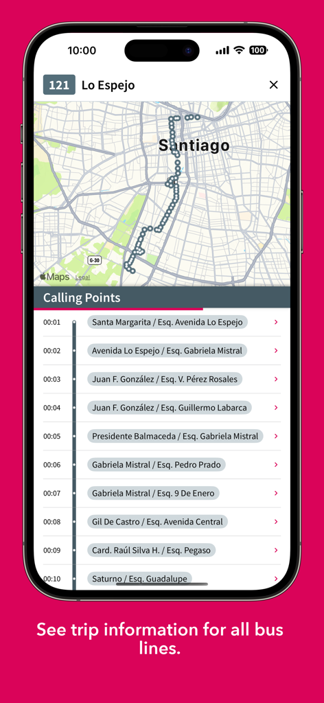Santiago Bus Checker - Interfaz de Santiago Bus Checker que muestra un mapa de ruta de Santiago y una lista de puntos de parada de autobuses con tiempos de llegada