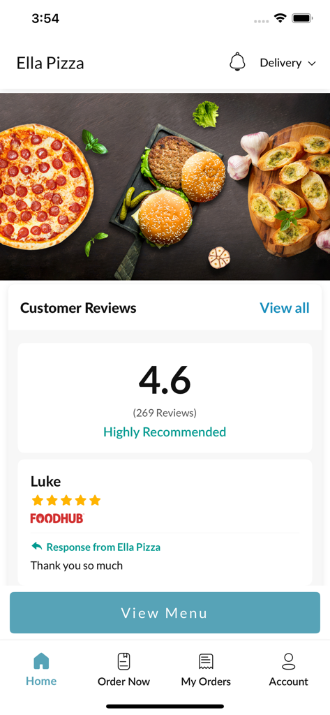 Ella Pizza - Ella Pizza mobile app home screen showing customer reviews and a 4.6 star rating