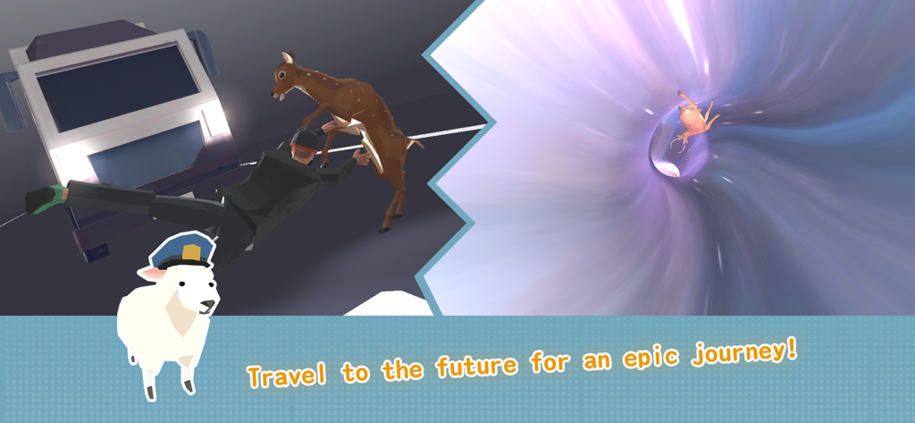 DEEEER Simulator: Future World - Ein Reh wird von einem Fahrzeug getroffen, neben einer Szene, in der ein Reh durch ein futuristisches, wirbelndes lila Portal reist