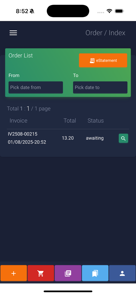 Qpack - A screenshot of the Qpack mobile app showing the order list index with invoice details and status