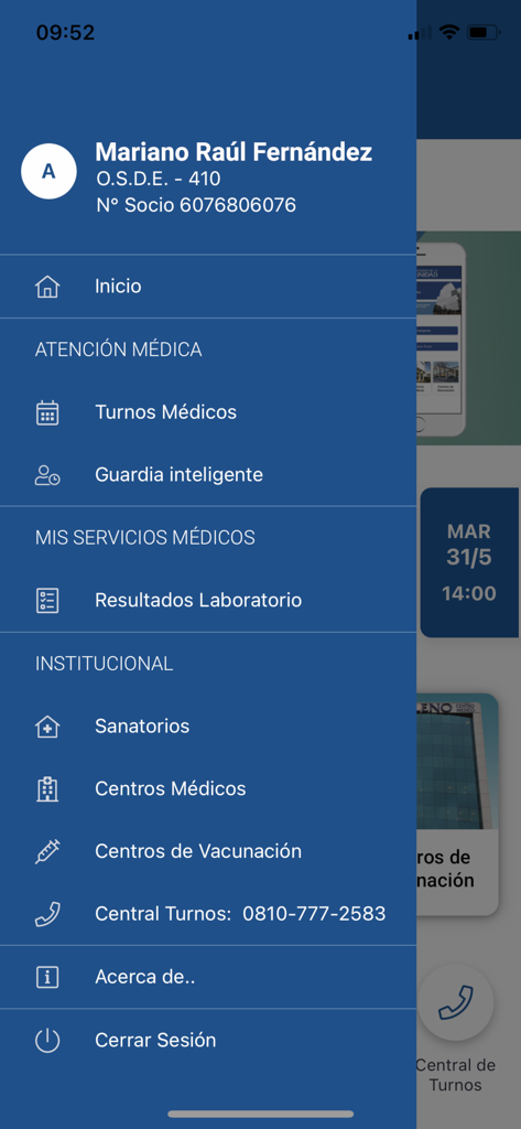 Sanatorios de la Trinidad - Menú de navegación lateral de la app móvil Sanatorios de la Trinidad que muestra las opciones del paciente para turnos médicos y resultados de laboratorio
