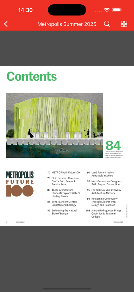 Metropolis Mag - Table of contents for the Summer 2025 issue of Metropolis Mag featuring architecture and urban design articles