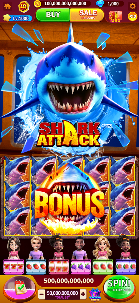 Schermata bonus a tema Shark Attack nel gioco di slot da casinò Jackpot Tycoon con uno squalo bianco e moltiplicatore bonus
