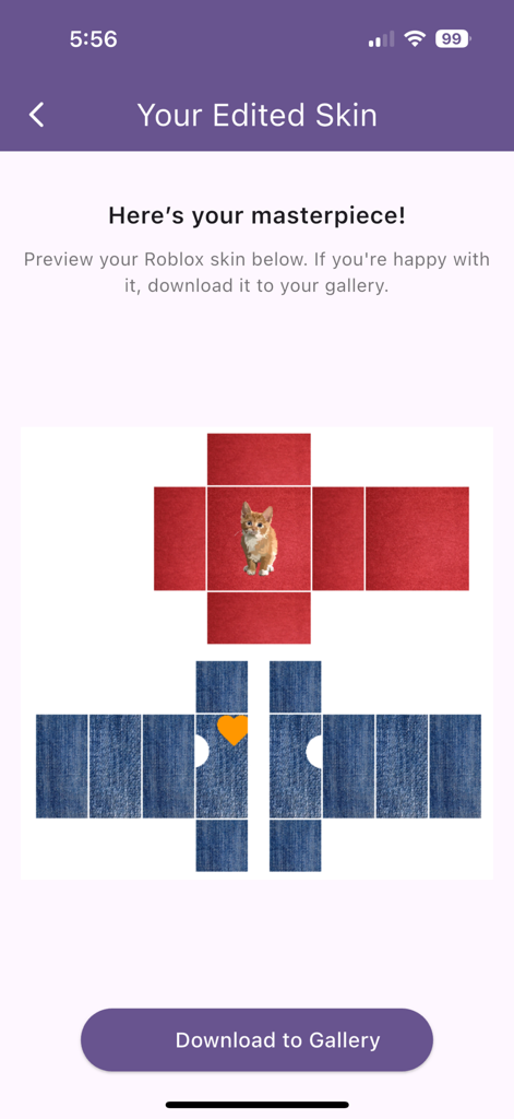 Uma prévia de um design de skin Roblox personalizado com um gato em uma camisa vermelha e calças jeans prontas para download.