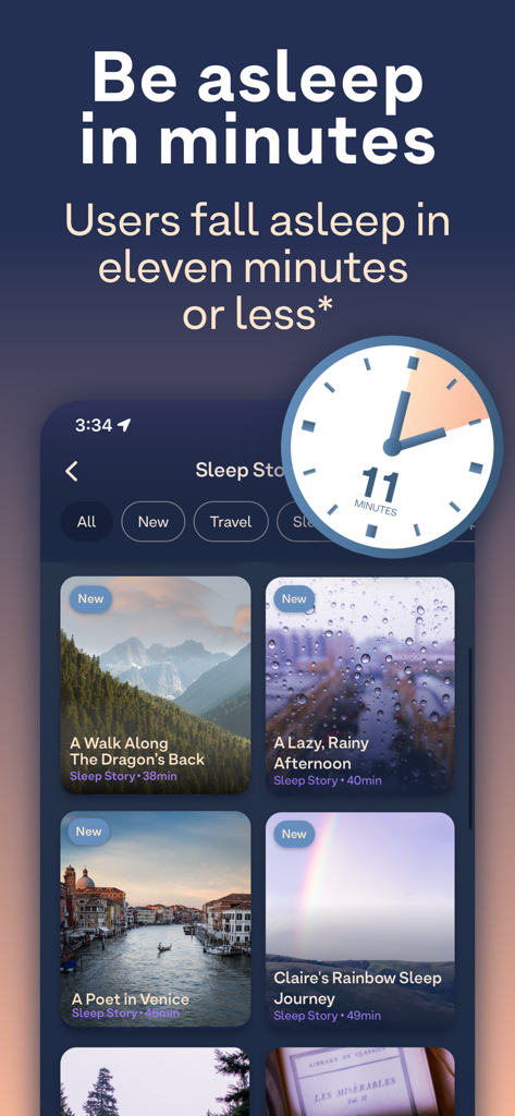Breethe: Sleep & Meditation - Screenshot of the Breethe app interface showcasing various sleep stories and a tagline stating users fall asleep in eleven minutes or less.