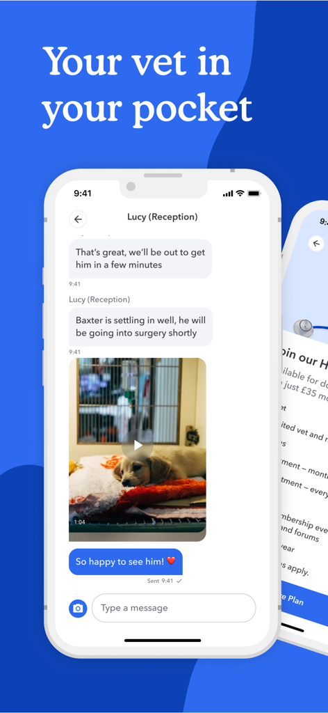 PetsApp mobile screen showing a chat conversation with a veterinary receptionist and a photo of a puppy