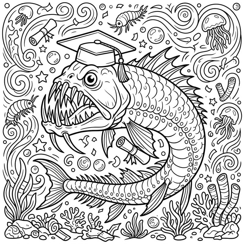 Congratulate the most fearsome graduate of the deep sea with this unique viperfish coloring page. Adorned in a cap and holding a diploma, this template merges marine mystery with academic achievement.