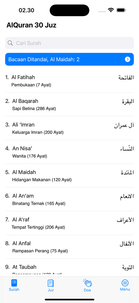 AlQuran 30 Juz Tanpa Internet - Main screen of the AlQuran 30 Juz app showing a list of Quran chapters with Indonesian translations and Arabic script.