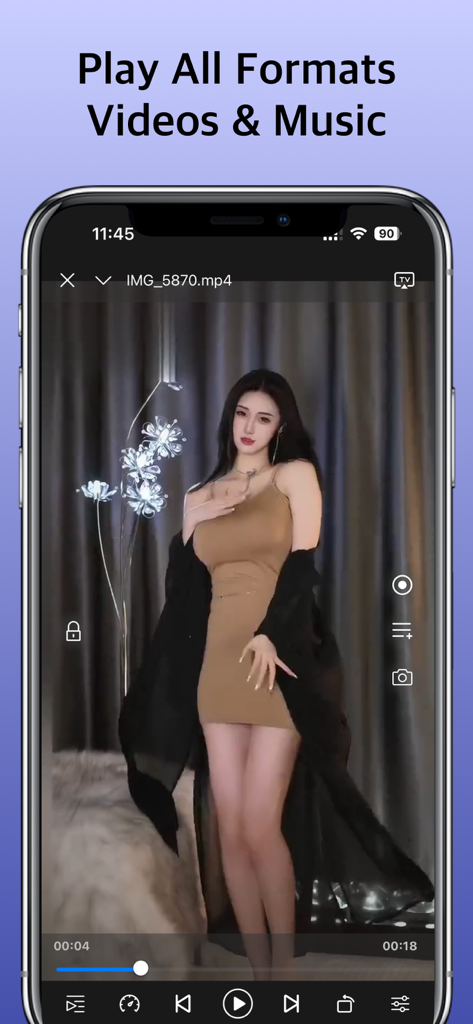 Fast Player app screenshot showing video playback interface with a caption saying Play All Formats Videos and Music