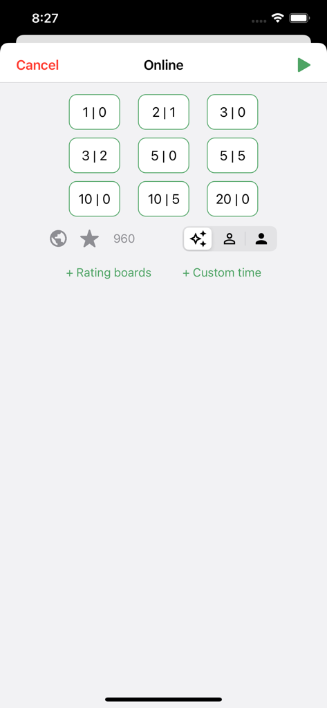 Chess King - Play Online - Online game mode selection screen showing various time control buttons in the Chess King app.