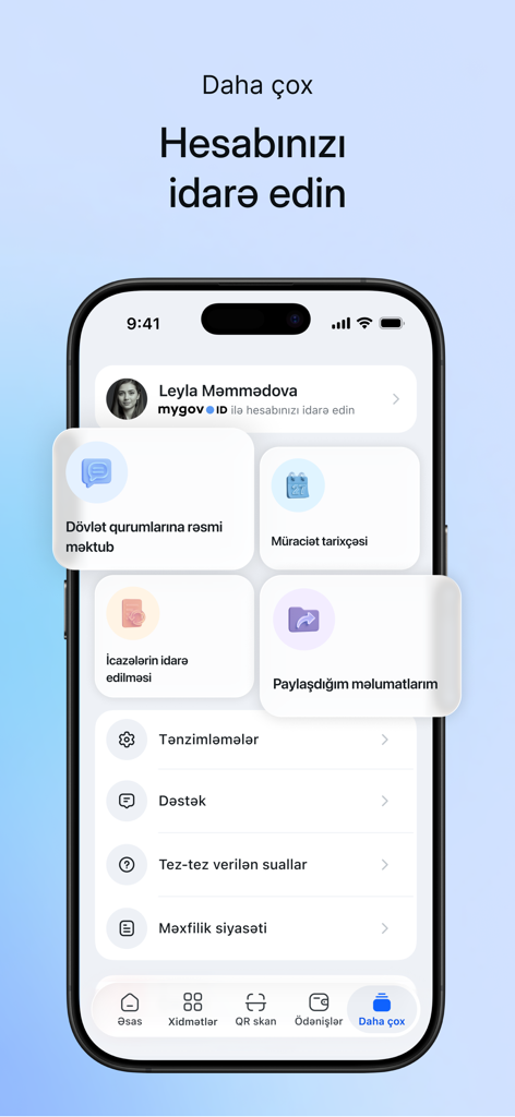 Menu de perfil e configurações do usuário no aplicativo de serviços governamentais mygov.
