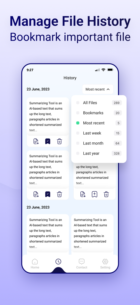 Article Rewriter Spinner - Oberfläche der Artikel-Umformulierer Spinner-App, die den Verlauf zusammengefasster Dateien mit Lesezeichen- und Filteroptionen anzeigt.