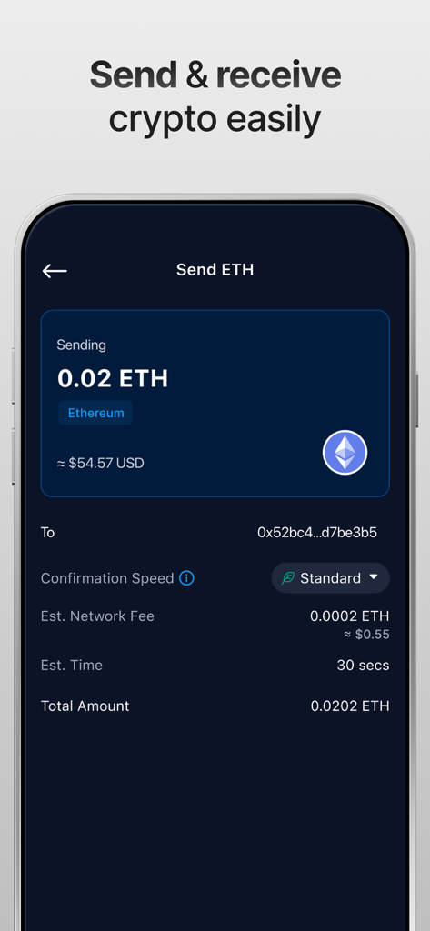 Interface for sending Ethereum in the Crypto.com Onchain Wallet app showing transaction details