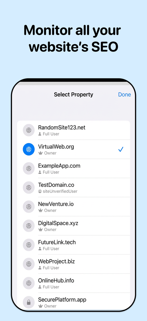 Search Console for Google - Liste des propriétés de sites Web pour la gestion SEO multi-sites dans l'application