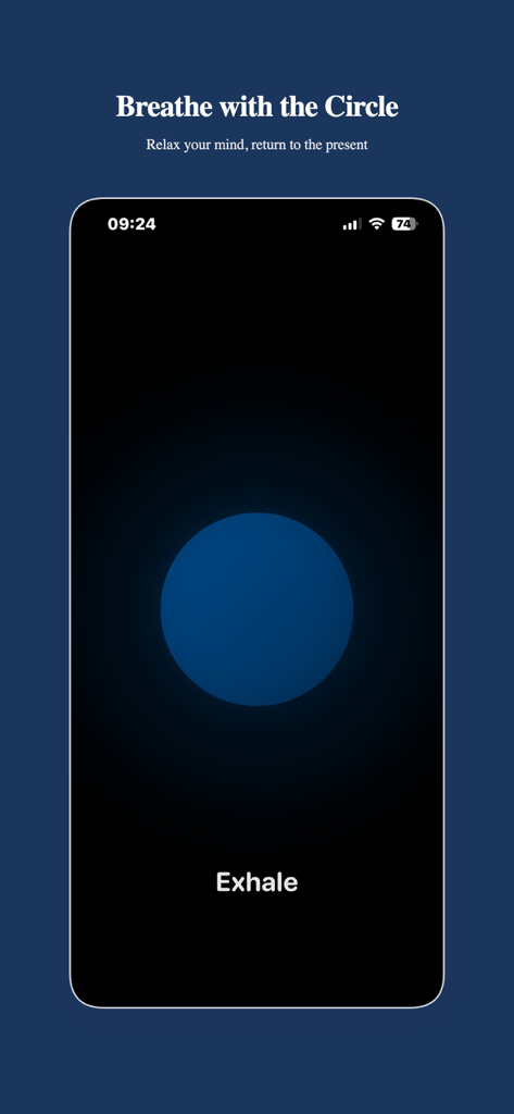 Minimalist interface of Haptic Calm showing a blue circle and an exhale instruction for breathing exercises