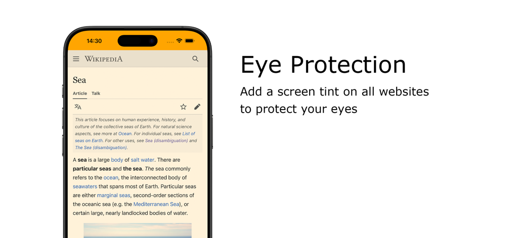 Turn Off the Lights for Safari - Wikipediaページで暖かい画面の色合いを持つ目の保護機能を示すiPhone