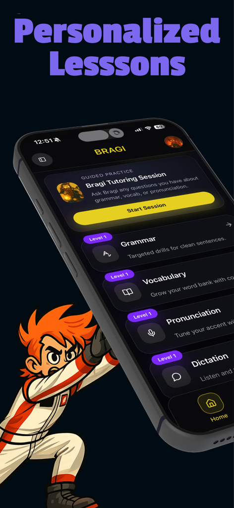Bragi - Language Learning - Pantalla de la aplicación Bragi que muestra lecciones de idiomas personalizadas de gramática, vocabulario y pronunciación.