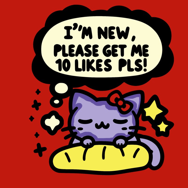 kitty taking a nap dream talking and saying "i'm new, please get me at least 10 likes pls!!"