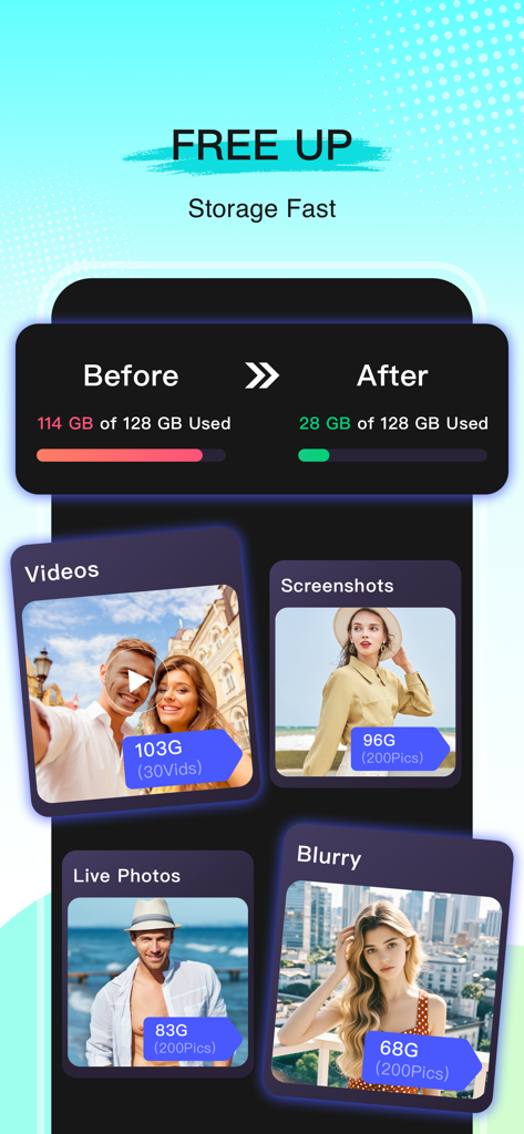 Comparison of iPhone storage before and after using Quick Cleaner to delete large videos, screenshots, and blurry photos.