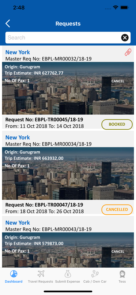 Interface of the Tess360 app showing a list of corporate travel requests to New York with status labels for booked and cancelled trips