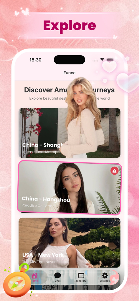 Funce - Explore screen of the Funce travel app displaying destination cards for Shanghai and New York with an elegant pink theme.