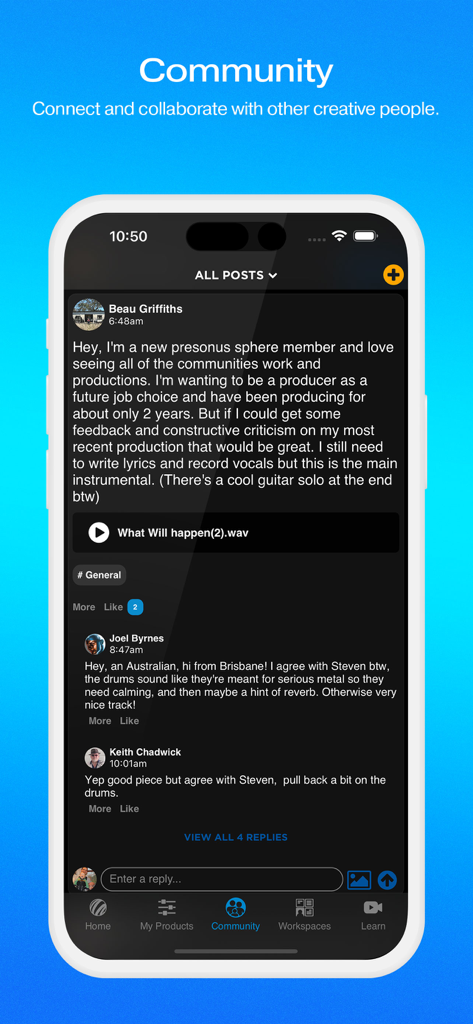 MyPreSonus - ユーザーがオーディオファイルを共有し、制作フィードバックを提供しているMyPreSonusアプリコミュニティページのスナップショット