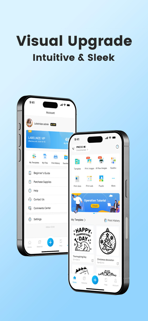 Labelnize - Two iPhones showcasing the sleek and intuitive user interface of the Labelnize app with various label design templates.