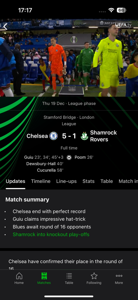 UEFA Conference League - UEFA Conference League app interface showing Chelsea versus Shamrock Rovers match results and summary