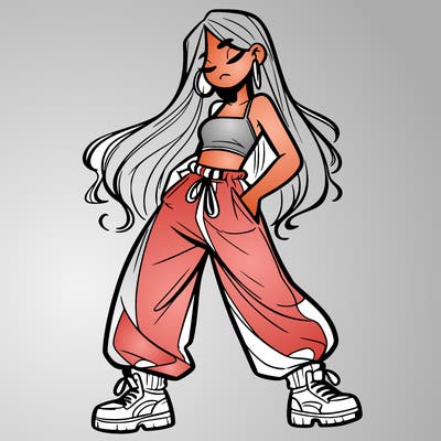 girl in baggy pants crop top and long hair